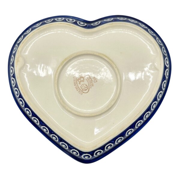 Handmade Boleslawiec Polish Pottery Heart-Shaped Plate Blue White Swirl Design - Picture 3 of 7